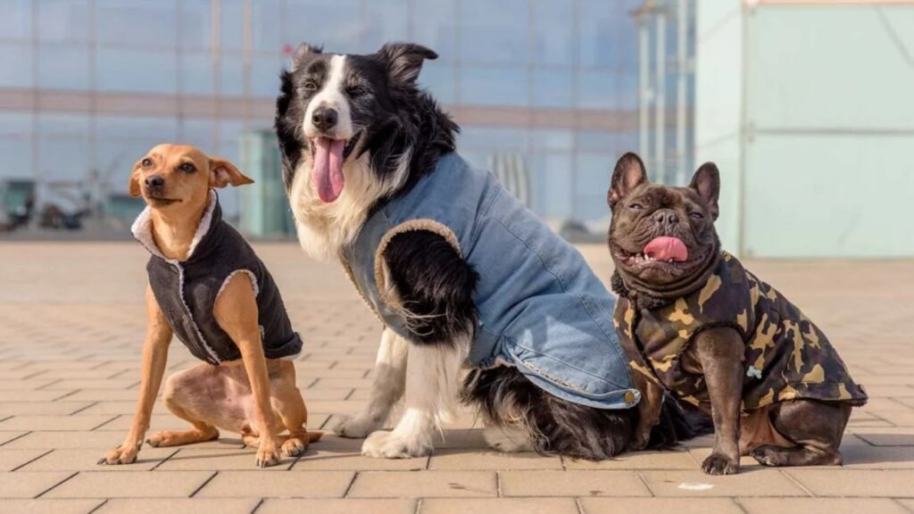 Perros con abrigos de invierno posando en exterior para protegerse del frío