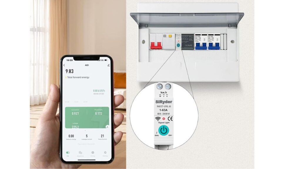 Móvil mostrando consumo eléctrico en tiempo real conectado a un interruptor inteligente WiFi instalado en el cuadro eléctrico del hogar.