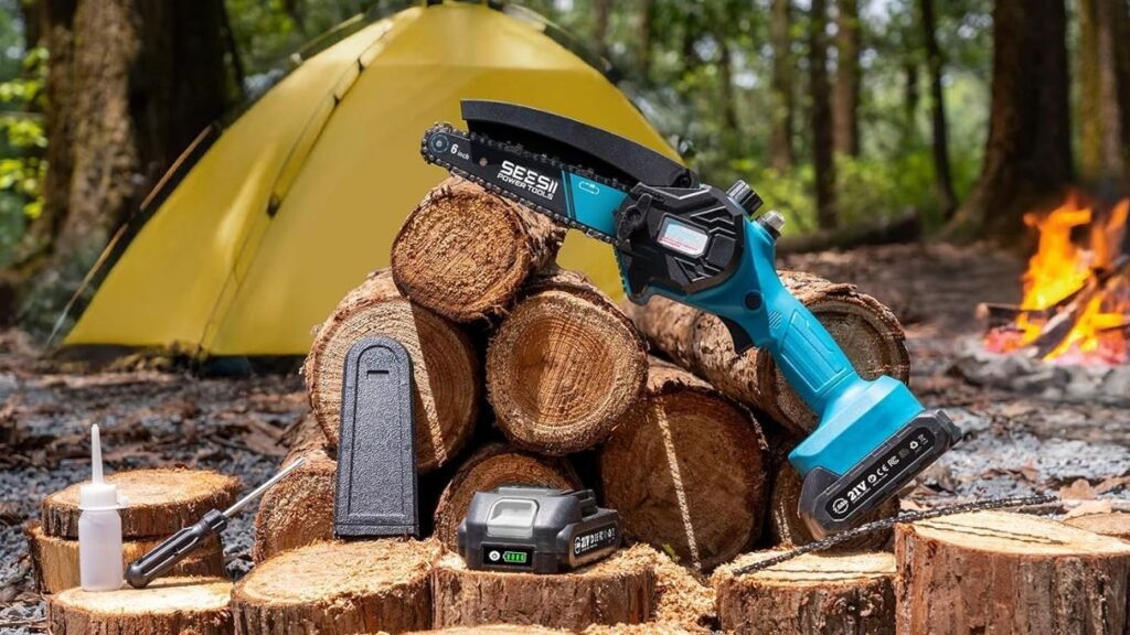 Minimotosierra a batería Seesii sobre troncos cortados para poda y jardín